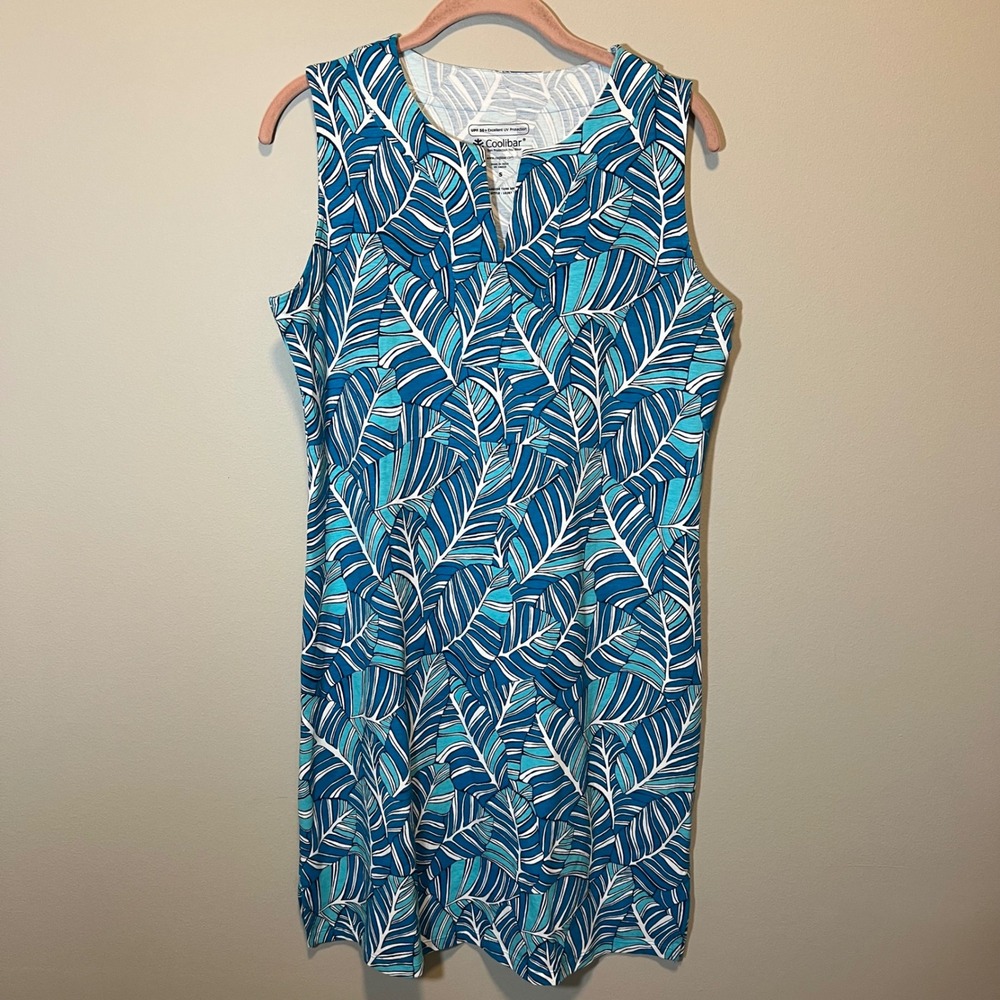 Coolibar Oceanside Tank Dress Blue‎ Tropical Palm Leaf UPF 50+ Sun Protection S
